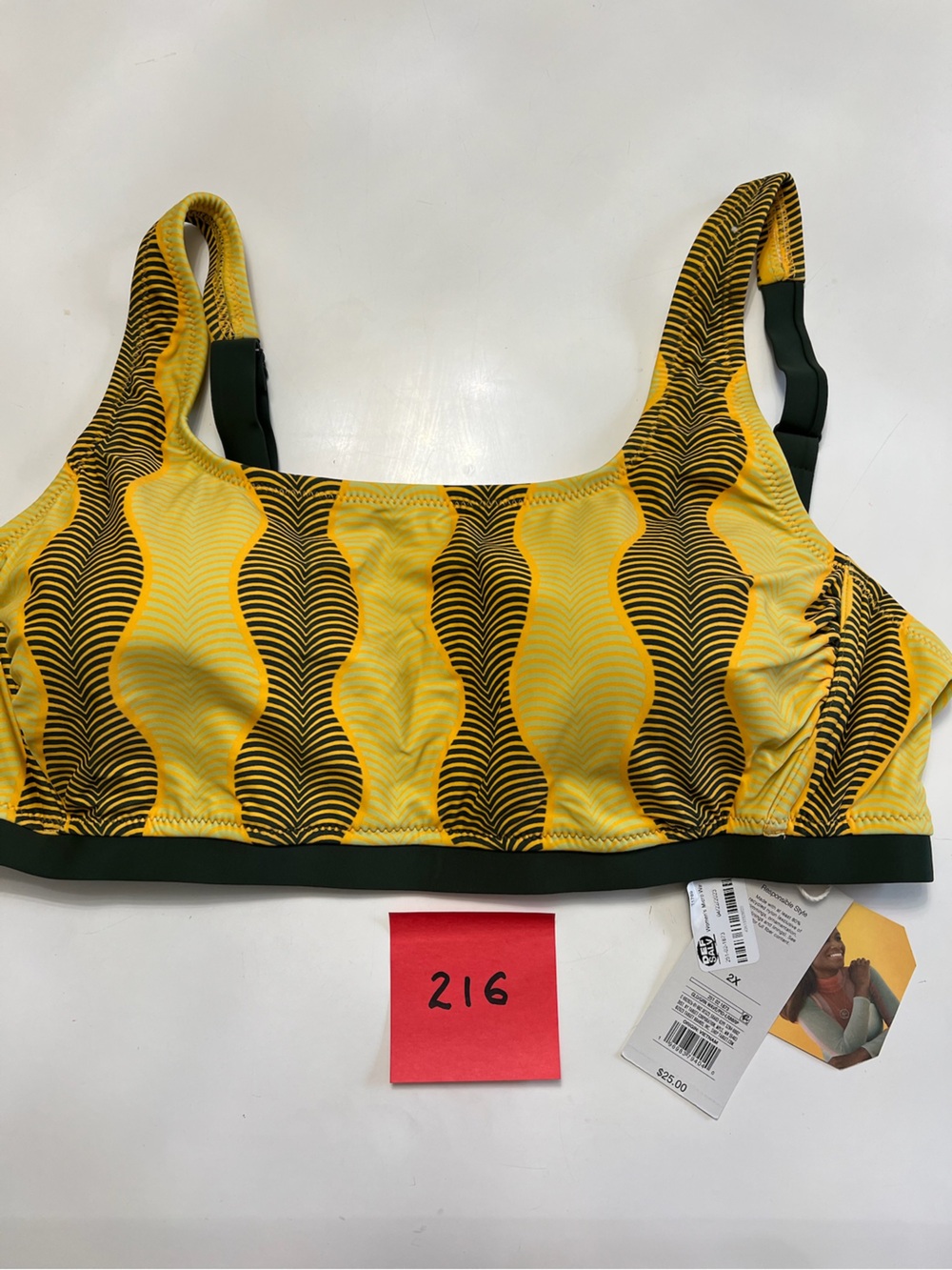 Yellow Wave-Print Bikini Top with Dark Trim